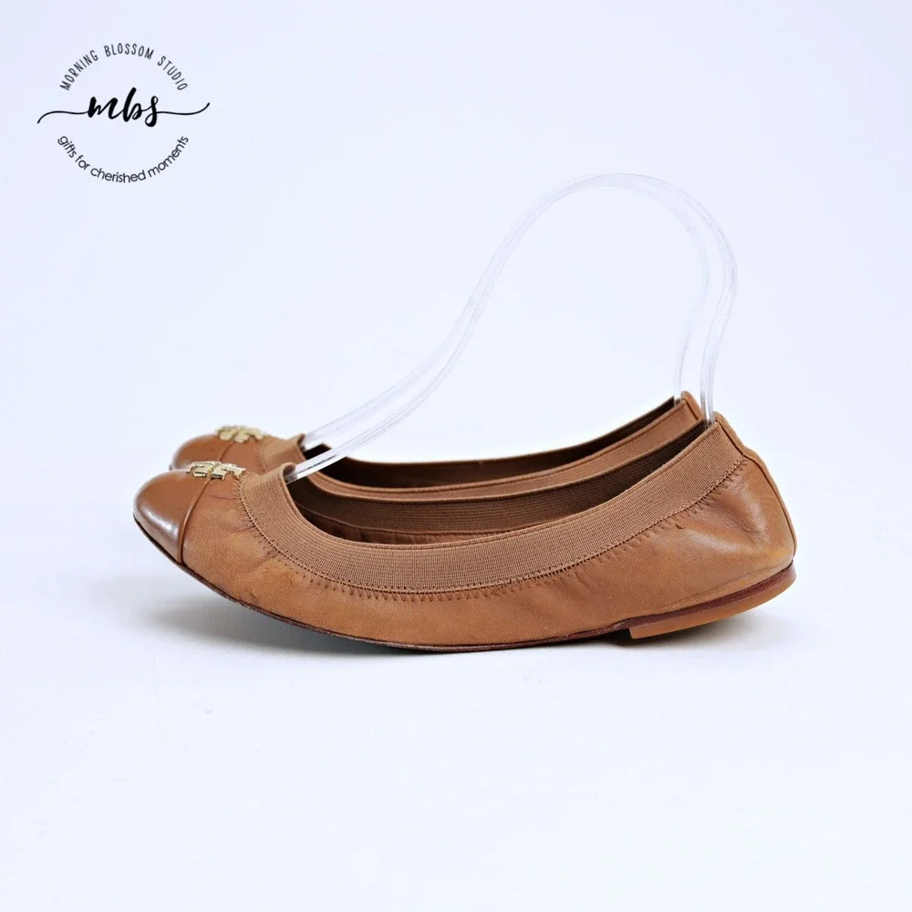 Tory Burch Jolie Cap Toe‎ Classic Preppy Leather Ballet Flats Brown Gold Women 6